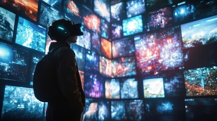 A young man in a hoodie uses virtual reality in a room filled with screens.
