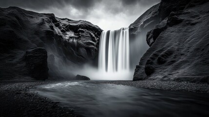 Iceland waterfall dramatic landscape, moody clouds, travel photography
