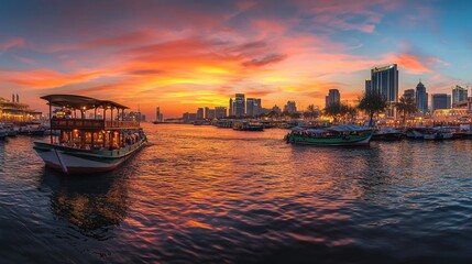Fototapeta premium A vibrant sunset over a cityscape with boats on the water, reflecting warm colors.