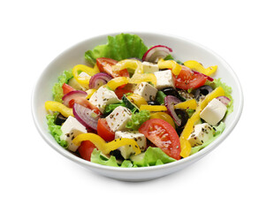 Delicious fresh Greek salad in bowl on white background