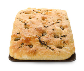 Delicious focaccia bread with olives and thyme isolated on white