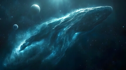 Fototapeta premium A cosmic whale-shaped nebula glows in deep space, illuminated by distant stars and planets. Its ethereal form contrasts with the dark expanse, creating a breathtaking celestial scene.