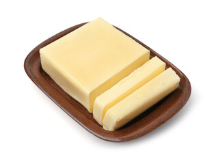 Cut tasty butter in dish isolated on white