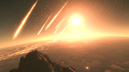 Fiery meteor shower streaks across a vibrant orange sky, illuminating a mountainous landscape below. A bright sun dominates the horizon, creating a dramatic apocalyptic scene.