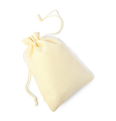 One beige burlap sack isolated on white, top view