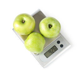 Electronic kitchen scale with apples isolated on white, top view