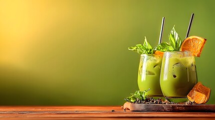 Two glasses of green smoothie with orange slices and iced vanilla matcha chai latte on a wooden table