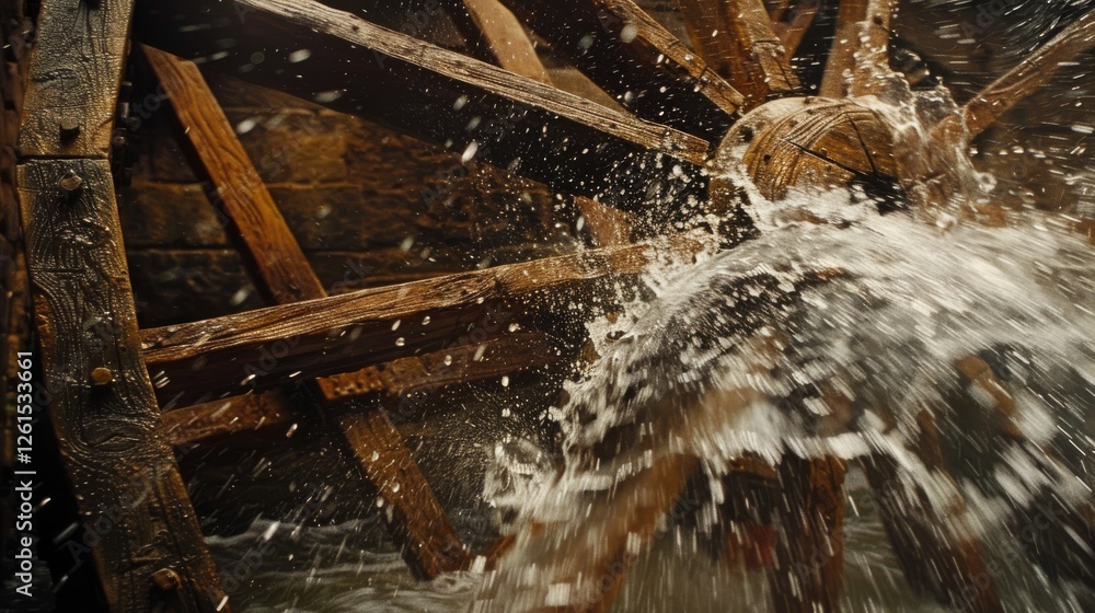 Poster dynamic watermill wheel in swift motion exemplifying energy and progress