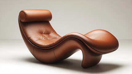 Brown Leather Contemporary Lounge Chair With Seamless Curves on White Background
