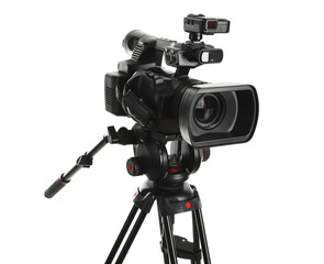 Modern professional video camera isolated on white