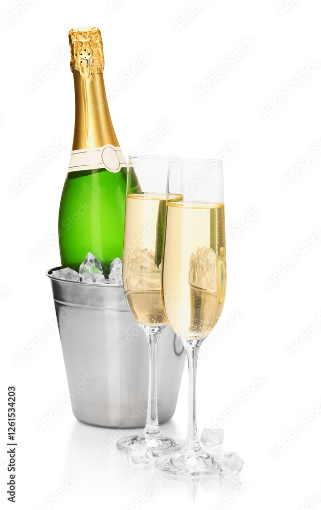 Poster Champagne and bucket with ice isolated on white