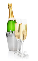 Champagne and bucket with ice isolated on white