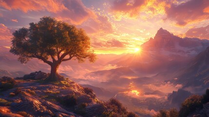 A majestic sunset with a tree silhouetted against vibrant skies and distant mountains.
