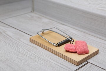 Mouse trap with rat poison on floor indoors, closeup. Space for text