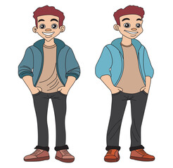 set of funny cartoon people. Happy Boy Standing in Different Poses Cheerful Smiling Kid Vector Illustration.