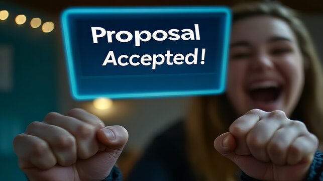 Excited young woman celebrating her proposal acceptance with joyful fists raised.