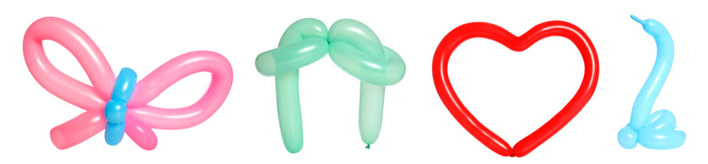Different figures made of modelling balloons on white background, set