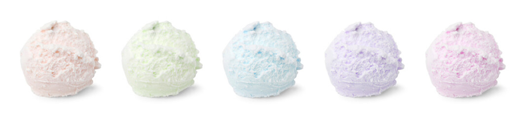 Tasty ice-cream, scoops of different flavors on white background, set