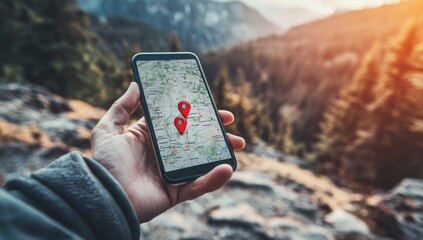 Hiking, Smartphone map, GPS tracking, mountain background, outdoor navigation