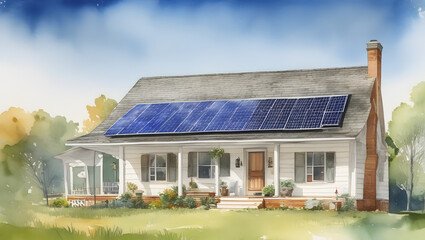 House With Solar Panels On The Roof Watercolor Storybook Illustration Suburban Farmhouse