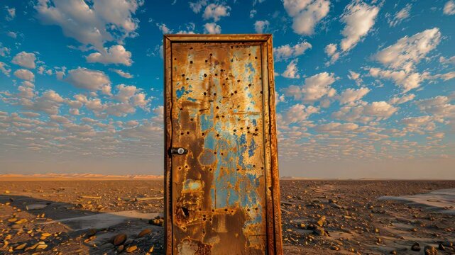 Rusted Door Standing Alone in a Desert Landscape Under Dramatic Skies
