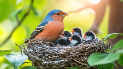 A parent bird feeds its young in a nest.