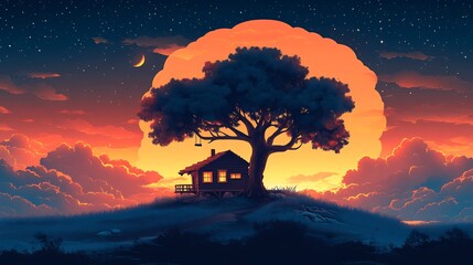 Creative vector illustration of a treehouse in a tall tree perfect for outdoor and childhood nostalgia projects