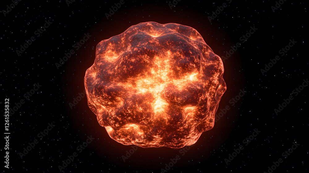 Poster a fiery, exploding asteroid in the vast expanse of space. the intense orange and red glow contrasts 