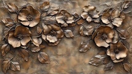 Bronze floral relief, textured leaves and flowers. Perfect for backgrounds, home decor, or artistic projects.