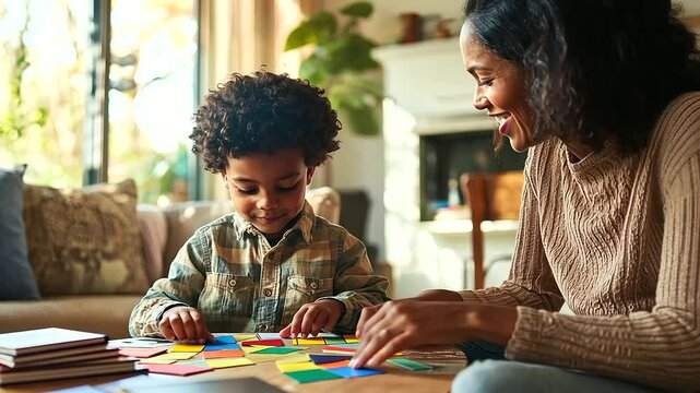 A warm and inviting study area where a mother guides her child through learning activities.