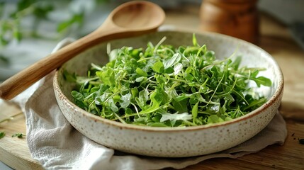 A bowl filled with fresh salad greens sits on a wooden surface. A wooden spoon rests nearby, while herbs and utensils add to the rustic kitchen atmosphere