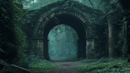 Obraz premium Mysterious archway in an overgrown forest, creating an enchanting atmosphere.
