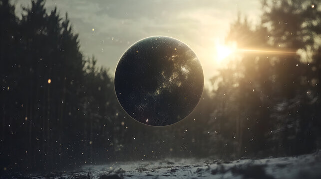 A dark planet hovers over a snowy, sunlit forest. Dust motes dance in the golden light, creating a mystical, ethereal atmosphere. The scene is both serene and otherworldly.