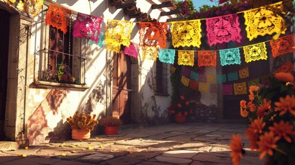 Fototapeta premium Colorful Papel Picado Banners in a Mexican Courtyard with Flowers