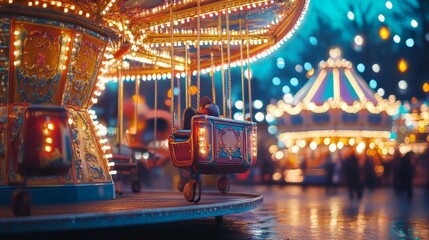 Fototapeta premium Colorful carousel at dusk with glowing lights and festive atmosphere.