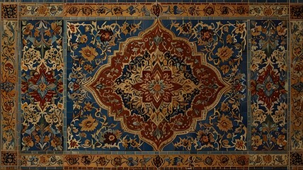 Four square tiles with the same Persian-inspired designs are placed next to each other. Each tile has decorative themes including arabesques and floral components together with elaborate, symmetrical 