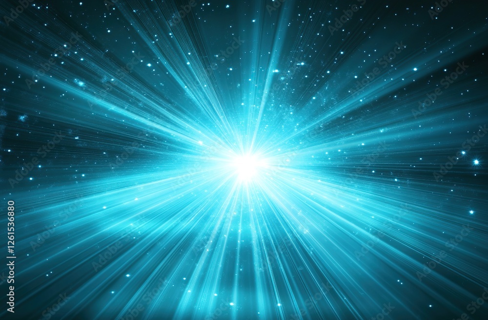 Poster radiant light beams explode from center, creating a dazzling, bright, celestial burst of energy with