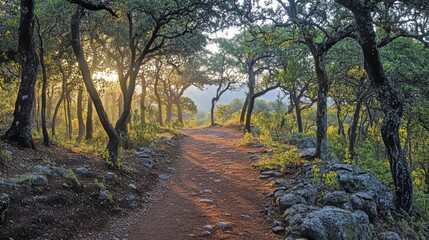 Fototapeta premium Tranquil forest path at sunrise surrounded by lush greenery and vibrant light.