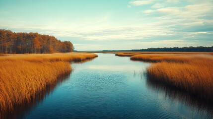Fototapeta premium Tranquil river scene with golden reeds and serene water under a blue sky.