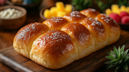 Freshly baked golden brown bread rolls with a glossy buttery crust