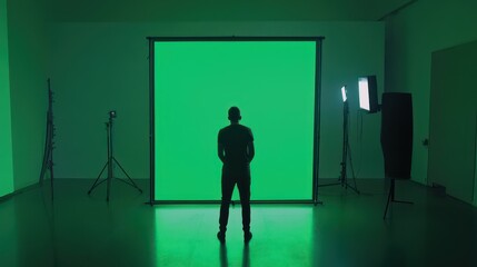 Fototapeta premium Silhouette of a person facing a green screen in a studio with professional lighting equipment