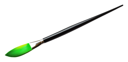 Paintbrush with green bristles, isolated on transparent background. Art supplies and creativity concept