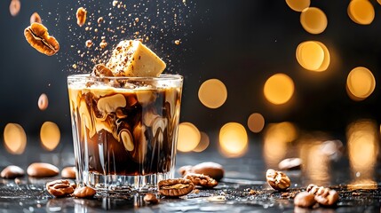 Glass filled with ice cream and iced vanilla butter pecan coffee on a wooden table