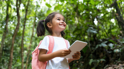 Fototapeta premium child exploring nature with tablet, smiling in lush forest