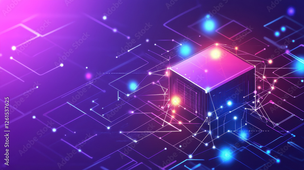Poster abstract background with polygonal network lines and dots on a gradient color background of purple