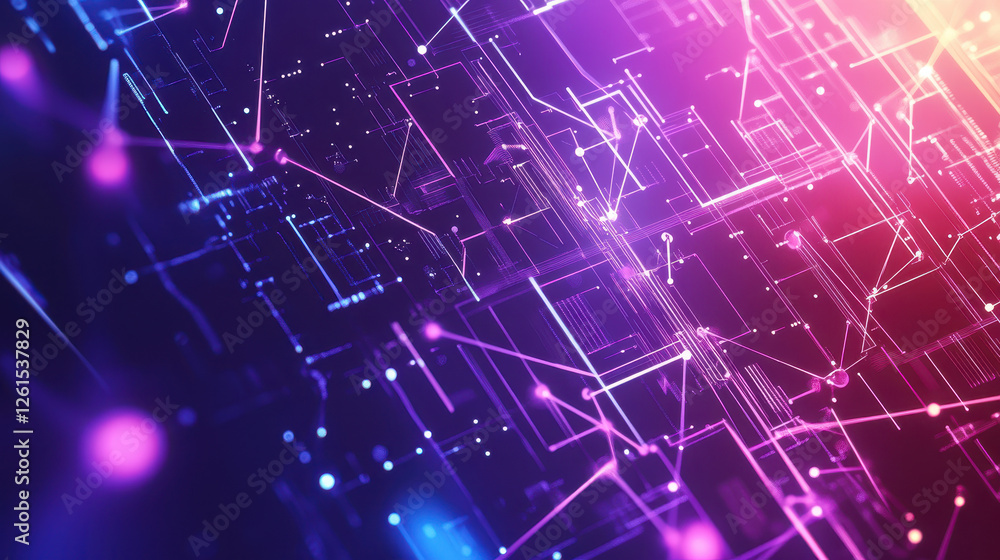 Poster abstract background with polygonal network lines and dots on a gradient color background of purple