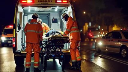 Emergency medical personnel assist patient at night on city street during urgent response situation