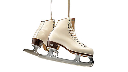 Elegant Cream Figure Skates Hanging Black Background