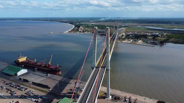 Aerial view following a car driving on the Maputo&ndash;Katembe bridge, in Mozambique