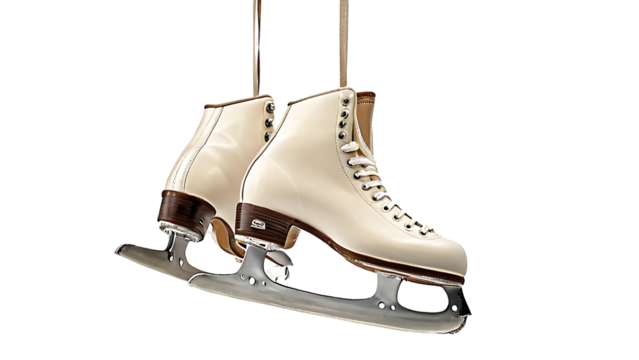 Elegant Cream Figure Skates Hanging Black Background